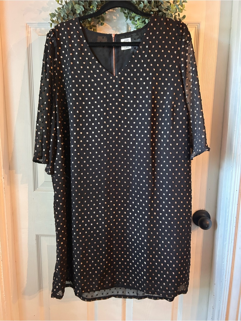 Black Mini Dress with Gold Dot Print - V-Neck Flutter Sleeve